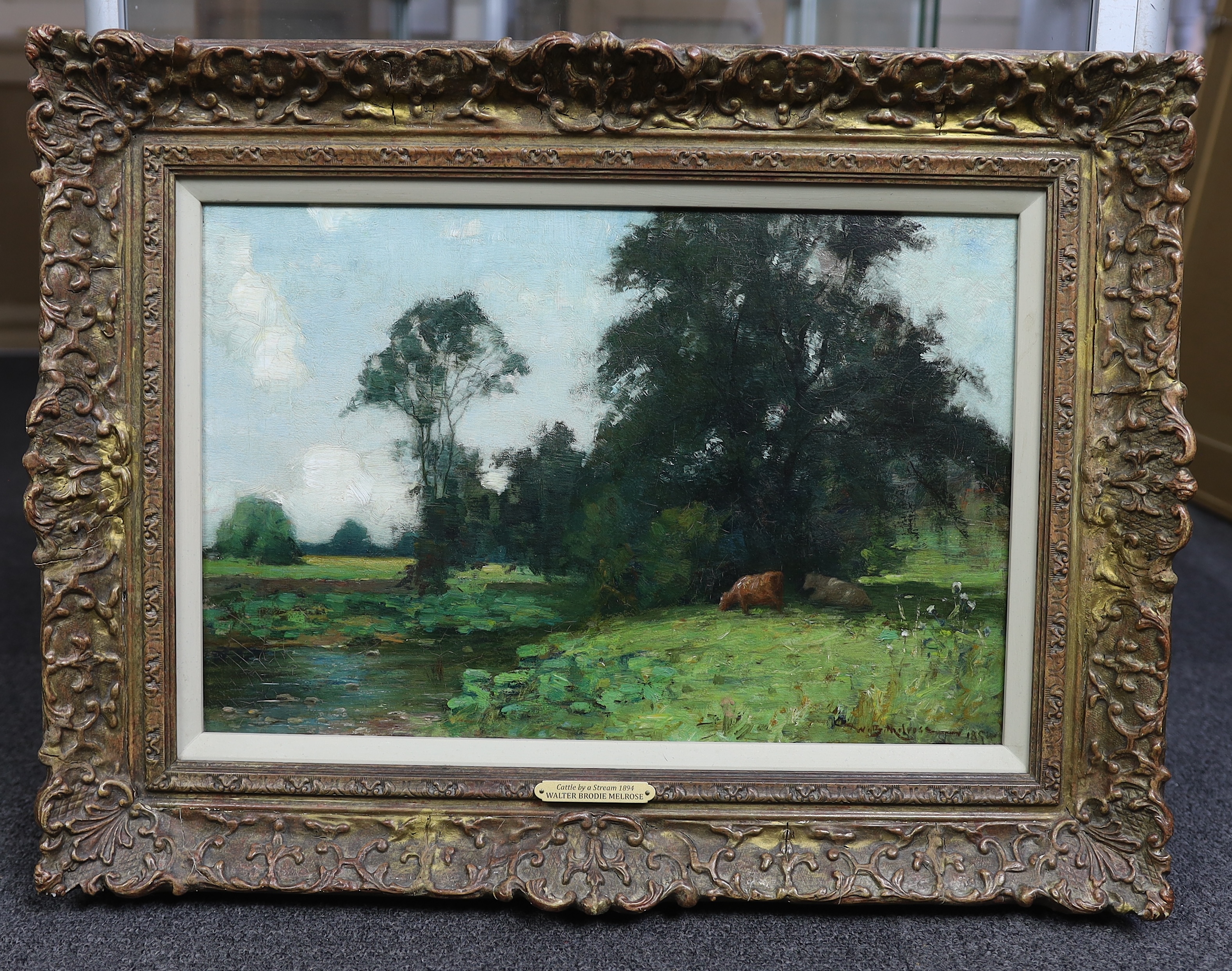 Walter Brodie Melrose (19th C.), oil on canvas, 'Cattle by a stream, 1894', signed and dated 1894, 29 x 44cm. Condition - good, some surface dirt